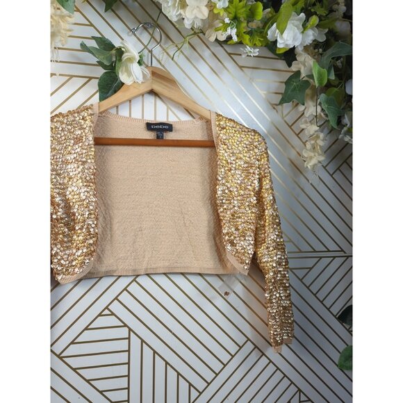 BEBE Women's Y2k 2000s Sequin Knit Cropped Cardiagn Gold Long  Sleeve Size Small - Picture 3 of 8